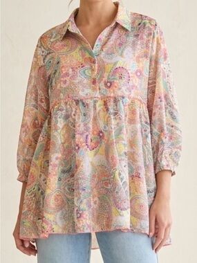 Umgee Paisley Tiered Peplum Blouse in Pink Multi Brand new with tags